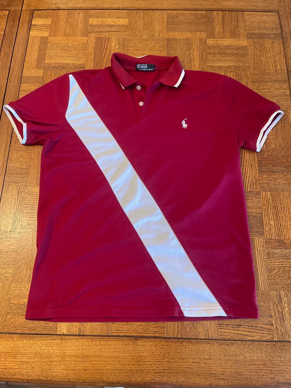 Polo Ralph Lauren Sash Polo Shirt Red White Diagonal Stripe Men's L Vintage